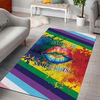 Rainbow lips kiss area rug with rainbow striped border, lip graphic, and Same Love/Same Rights