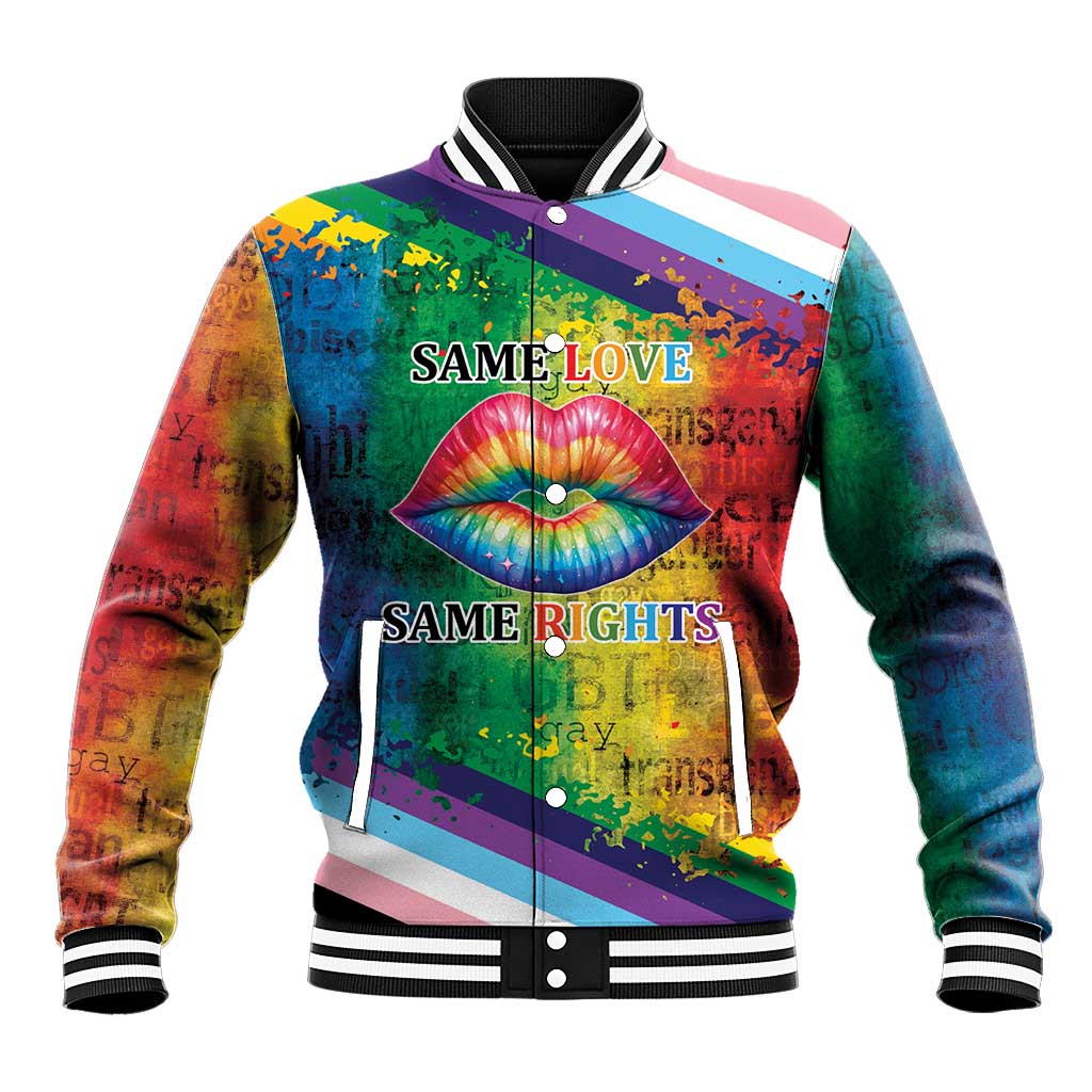 Rainbow baseball jacket with lips graphic and 'SAME LOVE SAME RIGHTS' text