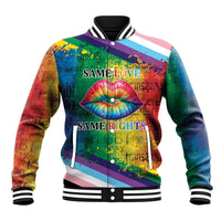 Rainbow baseball jacket with lips graphic and 'SAME LOVE SAME RIGHTS' text