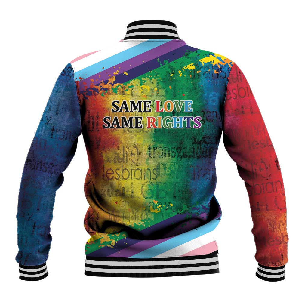 Back view rainbow baseball jacket with lips graphic and 'SAME LOVE SAME RIGHTS' text