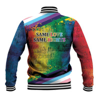 Back view rainbow baseball jacket with lips graphic and 'SAME LOVE SAME RIGHTS' text