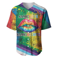 Rainbow baseball jersey with lips print and 'SAME LOVE SAME RIGHTS' text