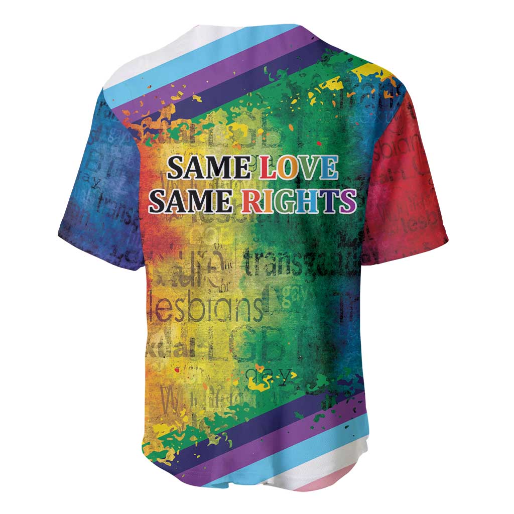 Rainbow baseball jersey back with 'SAME LOVE SAME RIGHTS' block text