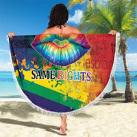 Large round blanket with white fringe, rainbow lips graphic with 'Same Love' and 'Same Rights'.