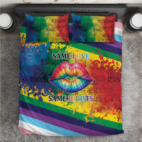 Rainbow LGBTQ bedding set with rainbow stripes, kiss lips, “SAME LOVE” and “SAME RIGHTS”