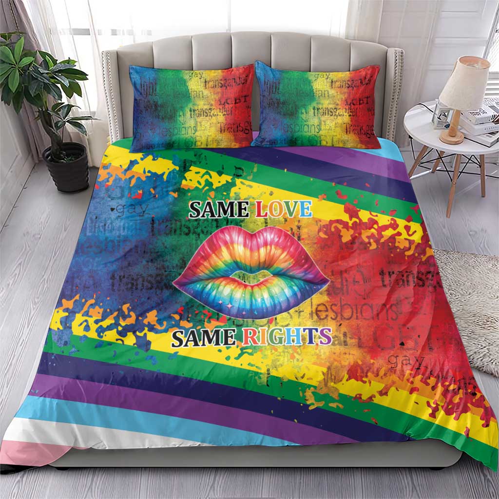 Rainbow LGBTQ bedding set with pillowcases, rainbow stripes, kiss lips, “SAME LOVE” “SAME RIGHTS”