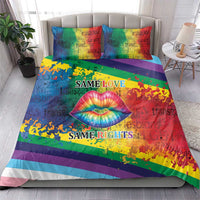 Rainbow LGBTQ bedding set with pillowcases, rainbow stripes, kiss lips, “SAME LOVE” “SAME RIGHTS”