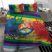 Rainbow LGBTQ bedding set with pillowcases and rainbow stripes, kiss lips, “SAME LOVE”