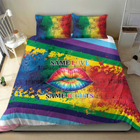 Rainbow LGBTQ bedding set with two pillowcases, rainbow stripes, kiss lips, “SAME RIGHTS”