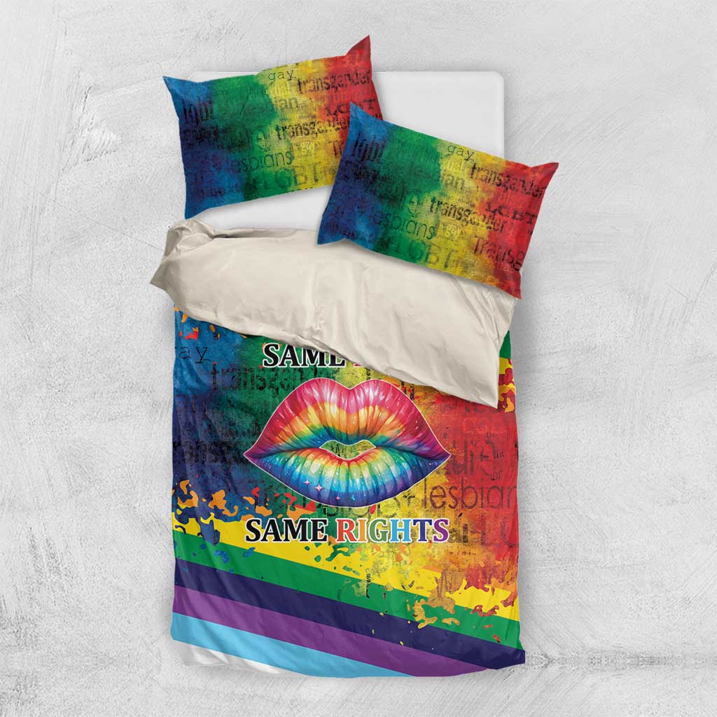 Rainbow LGBTQ bedding set with two pillowcases, rainbow stripes, kiss lips, “SAME LOVE”