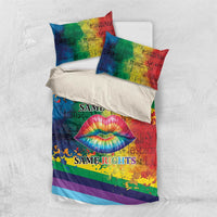 Rainbow LGBTQ bedding set with two pillowcases, rainbow stripes, kiss lips, “SAME LOVE”