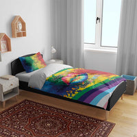 Rainbow LGBTQ bedding set with fitted look duvet, kiss lips graphic, rainbow stripes, “SAME LOVE”