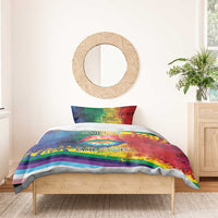 Rainbow LGBTQ bedding set with duvet, rainbow stripes, kiss lips graphic, “SAME RIGHTS”