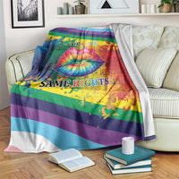 Rainbow lips kiss blanket with rainbow stripes, colorful lips graphic, “Same Love” and “Same Rights”.