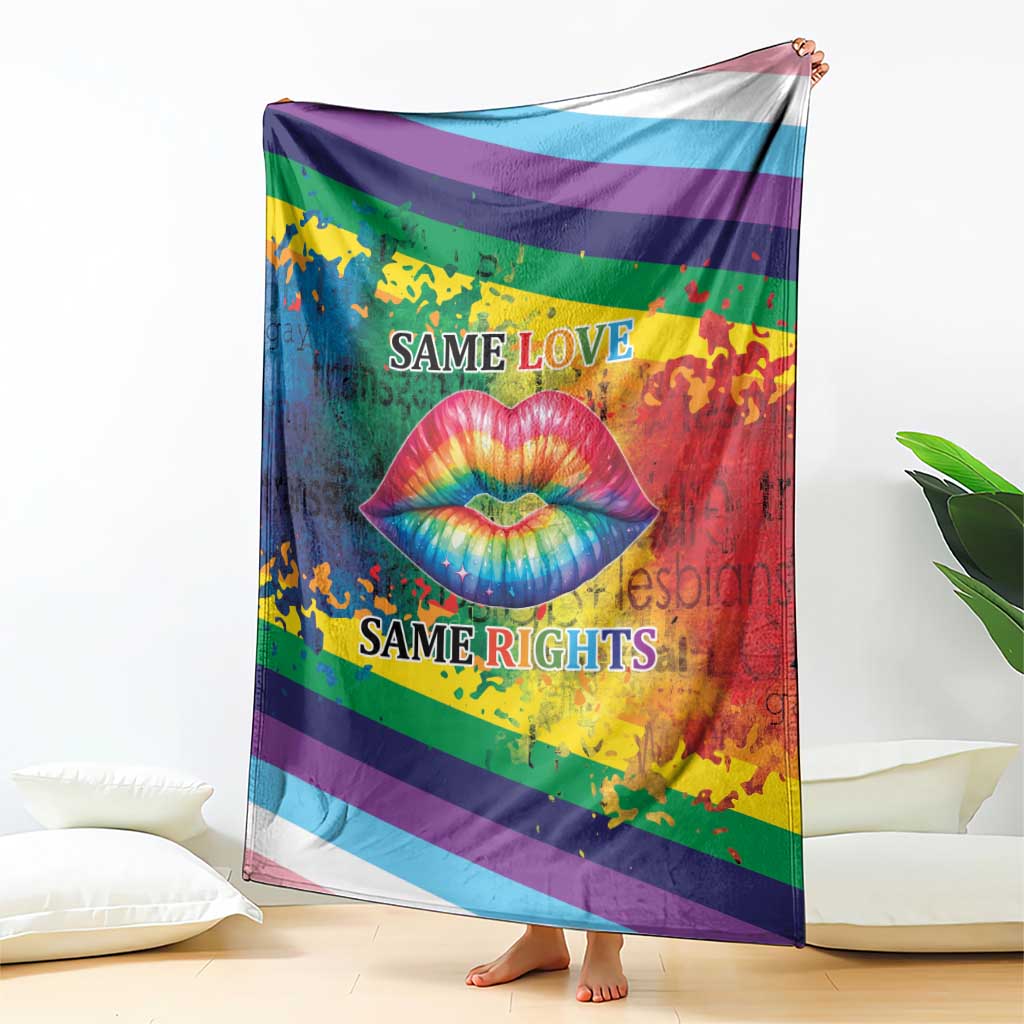 Rainbow lips kiss blanket hanging, rainbow stripes with colorful lips and “Same Love / Same Rights” text.