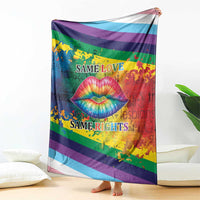 Rainbow lips kiss blanket hanging, rainbow stripes with colorful lips and “Same Love / Same Rights” text.