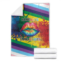 Rainbow lips kiss blanket with rainbow stripes, colorful lips graphic, “Same Love” and “Same Rights”.