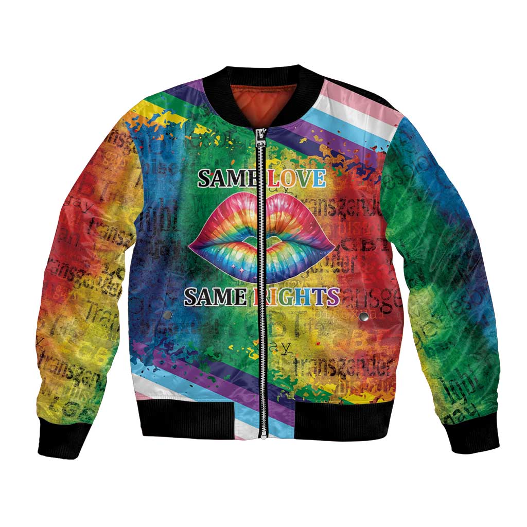 Rainbow bomber jacket with colorful lips graphic, “Same Love Same Rights” text, ribbed cuffs