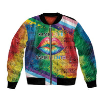 Rainbow bomber jacket with colorful lips graphic, “Same Love Same Rights” text, ribbed cuffs