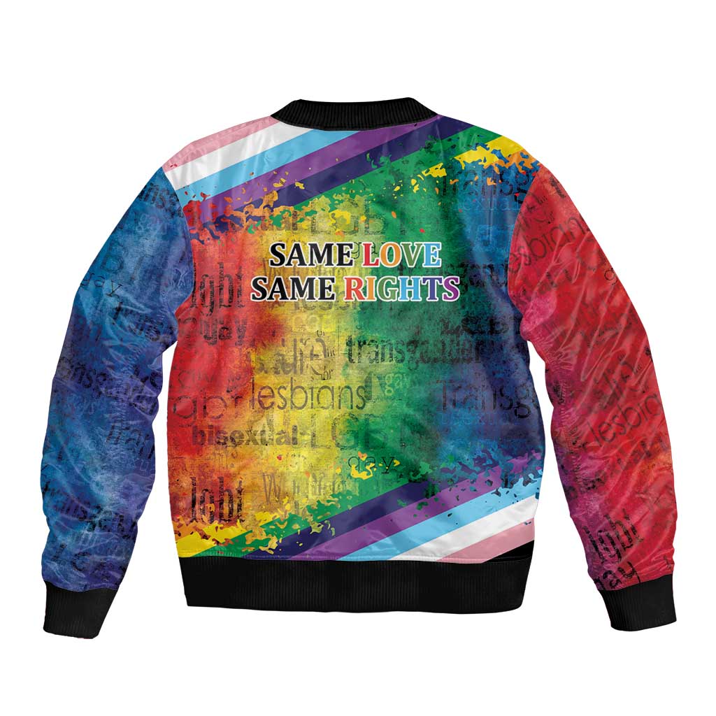 Rainbow bomber jacket with “Same Love Same Rights” text and lips graphic, ribbed hem and cuffs