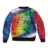 Rainbow bomber jacket with “Same Love Same Rights” text and lips graphic, ribbed hem and cuffs