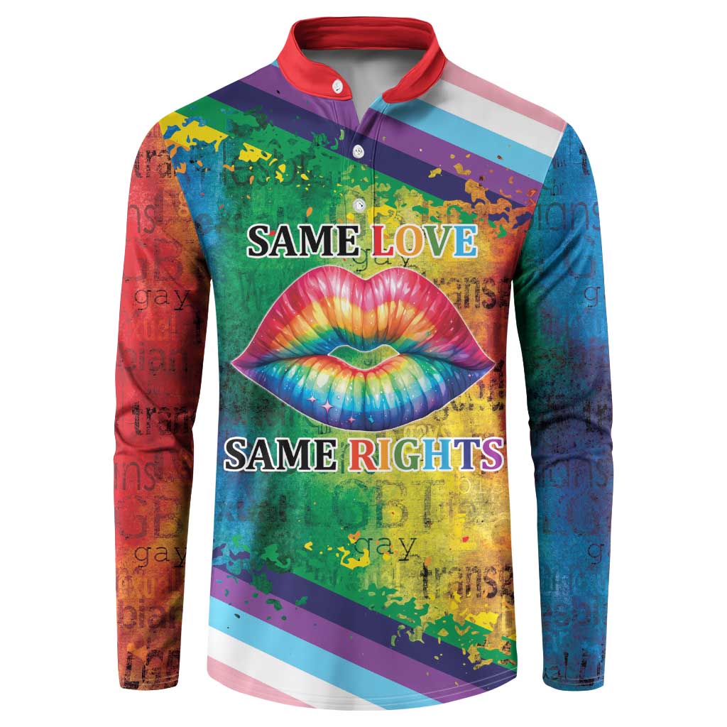 Rainbow LGBTQ button sweatshirt with red collar, lips graphic, and 'Same Love Same Rights' text