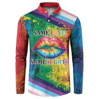 Rainbow LGBTQ button sweatshirt with red collar, lips graphic, and 'Same Love Same Rights' text