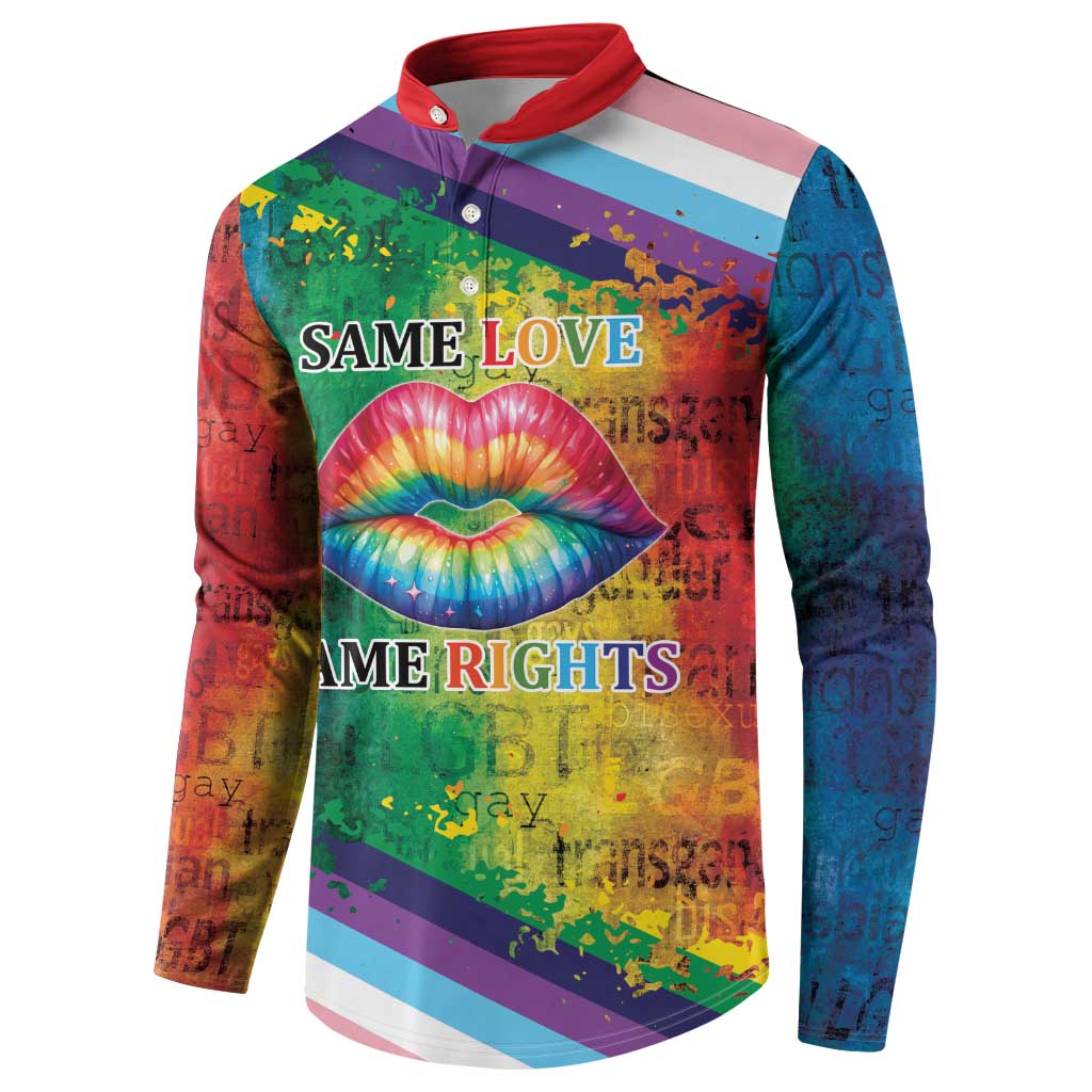 Rainbow LGBTQ button sweatshirt with red collar, lips graphic, and 'Same Love Same Rights' on front