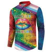 Rainbow LGBTQ button sweatshirt with red collar, lips graphic, and 'Same Love Same Rights' on front