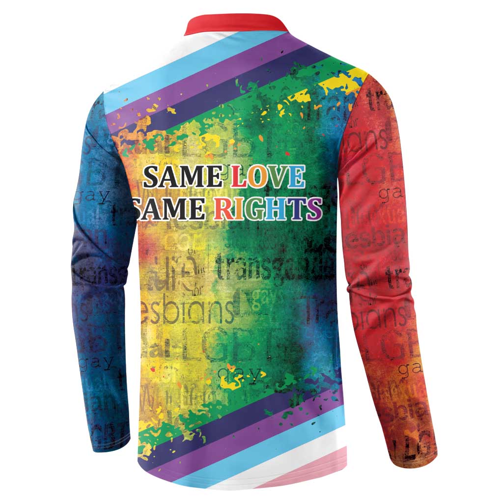 Rainbow LGBTQ button sweatshirt back with 'Same Love Same Rights' text and multicolor diagonal stripes