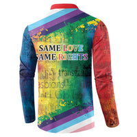 Rainbow LGBTQ button sweatshirt back with 'Same Love Same Rights' text and multicolor diagonal stripes