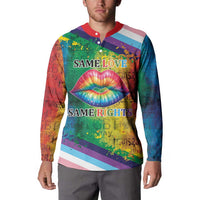 Rainbow LGBTQ button sweatshirt on model with red collar, lips graphic, and 'Same Love Same Rights' front