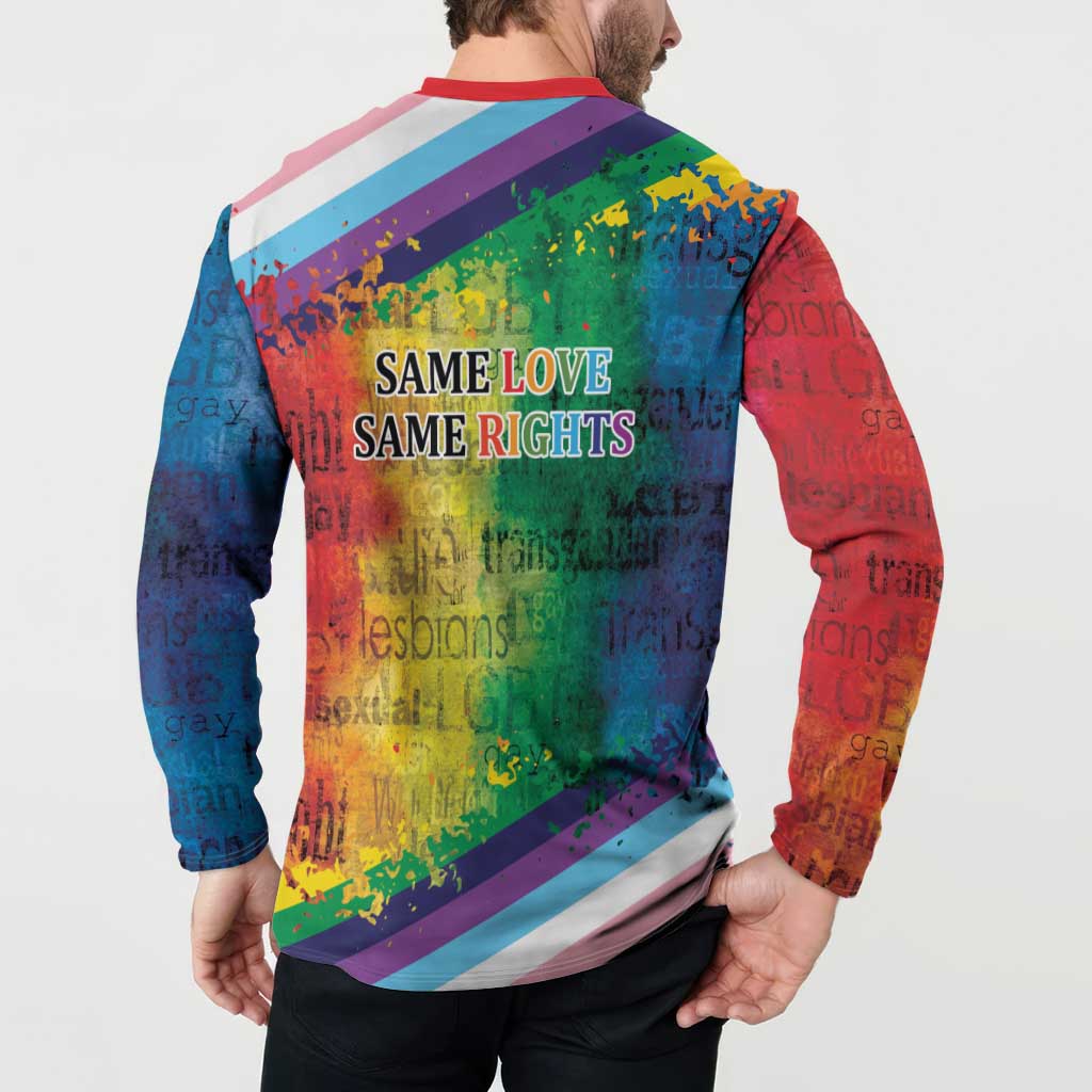 Rainbow LGBTQ button sweatshirt back with 'Same Love Same Rights' text and multicolor diagonal stripes