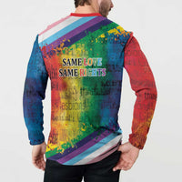 Rainbow LGBTQ button sweatshirt back with 'Same Love Same Rights' text and multicolor diagonal stripes