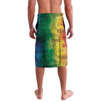 Green base sarong skirt with multicolor rainbow text and word pattern