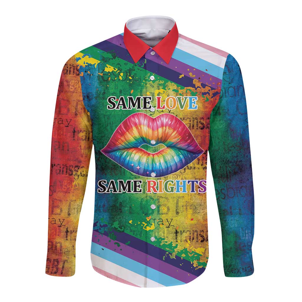 Rainbow long-sleeve button shirt with lips graphic and Same Love / Same Rights