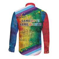 Rainbow long-sleeve button shirt, back print: Same Love and Same Rights