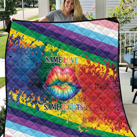 Rainbow diagonal quilt with rainbow lips graphic and text “SAME LOVE” and “SAME RIGHTS”