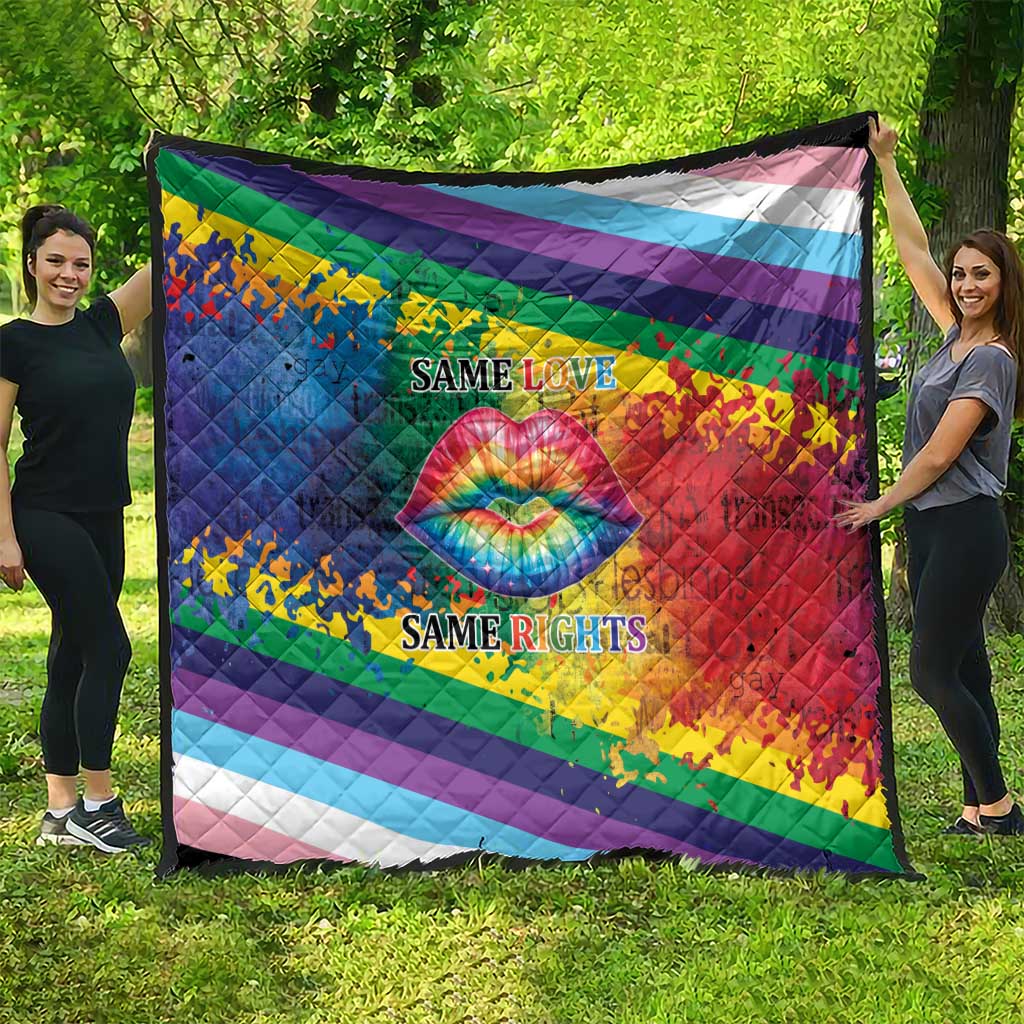 Rainbow diagonal quilt featuring rainbow lips graphic with “SAME LOVE” and “SAME RIGHTS”