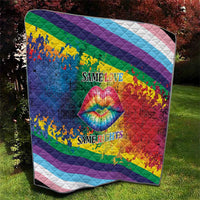 Rainbow diagonal quilt with rainbow lips and the words “SAME LOVE” and “SAME RIGHTS”