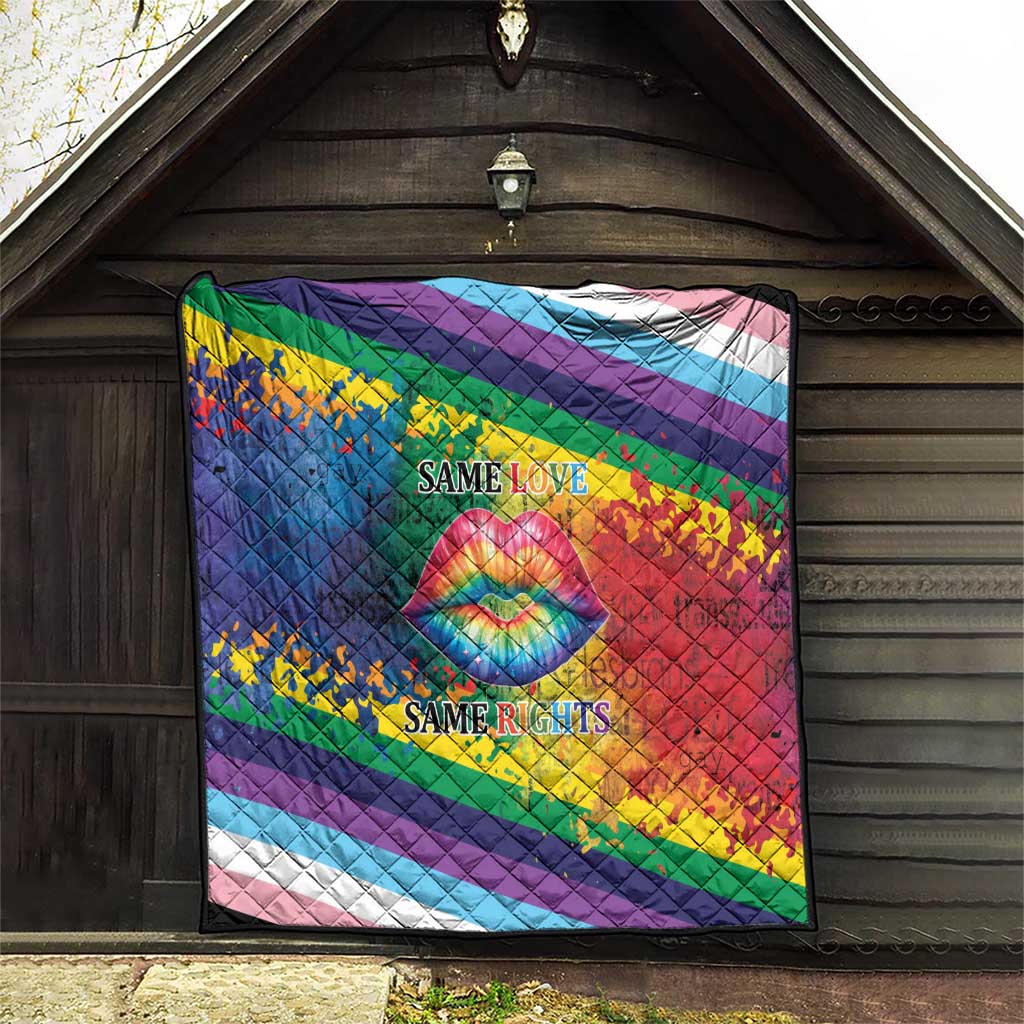 Rainbow diagonal quilt featuring rainbow lips and “SAME LOVE” and “SAME RIGHTS”