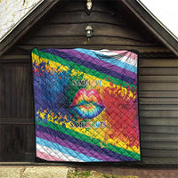 Rainbow diagonal quilt featuring rainbow lips and “SAME LOVE” and “SAME RIGHTS”