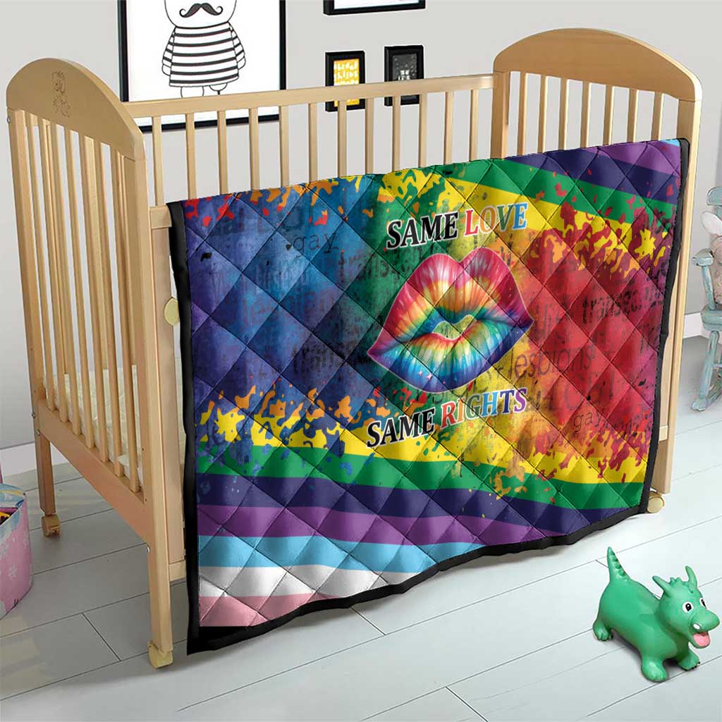 Rainbow diagonal quilt with rainbow lips artwork and “SAME LOVE” and “SAME RIGHTS”