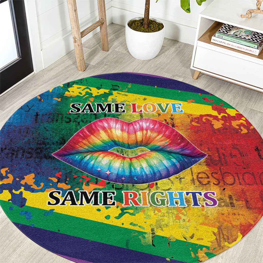 Round rainbow lips carpet with text "SAME LOVE" and "SAME RIGHTS"