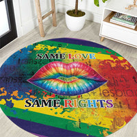Round rainbow lips carpet with text "SAME LOVE" and "SAME RIGHTS"