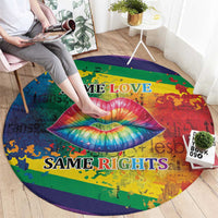 Round rainbow lips carpet with "SAME LOVE" and "SAME RIGHTS" lettering