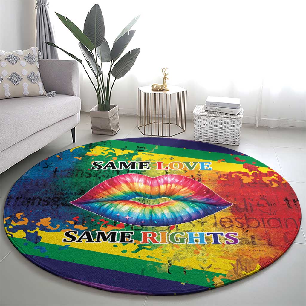 Round rainbow lips carpet featuring centered "SAME LOVE" and "SAME RIGHTS"