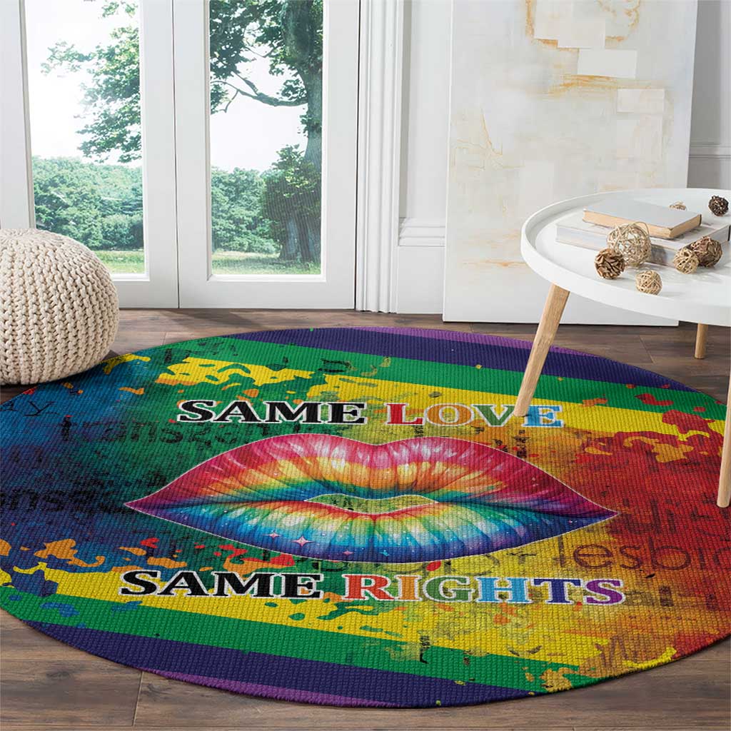 Round rainbow lips carpet with "SAME LOVE" and "SAME RIGHTS" text across design
