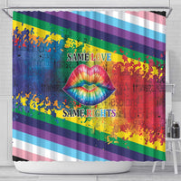 Rainbow lips shower curtain with rainbow stripe bands and “SAME LOVE”/“SAME RIGHTS” text