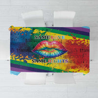 Rainbow pride tablecloth with kiss lip graphic and text “SAME LOVE” and “SAME RIGHTS”